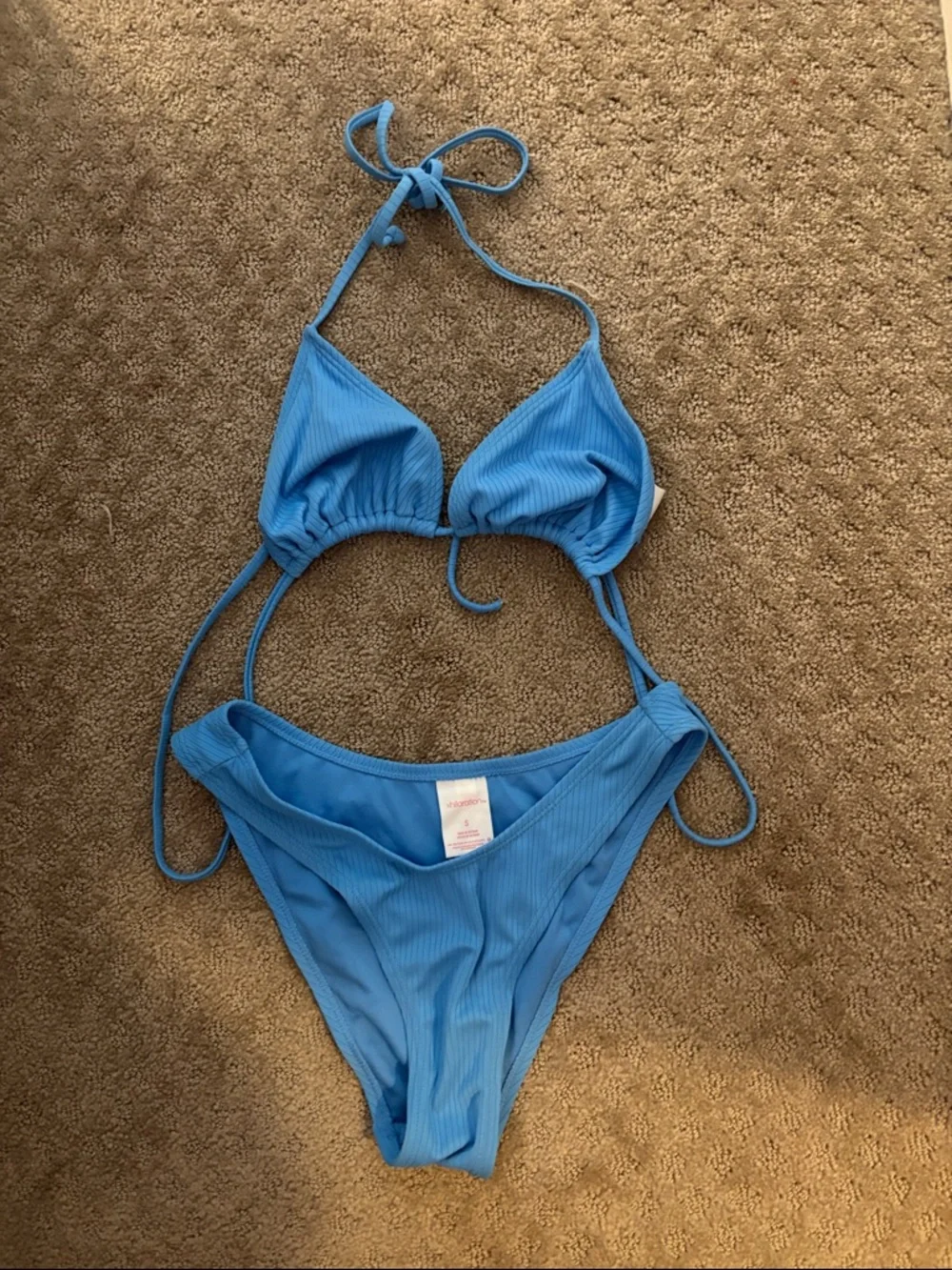 Xhilaration Blue Ribbed String Bikini Set - Picture 1 of 1